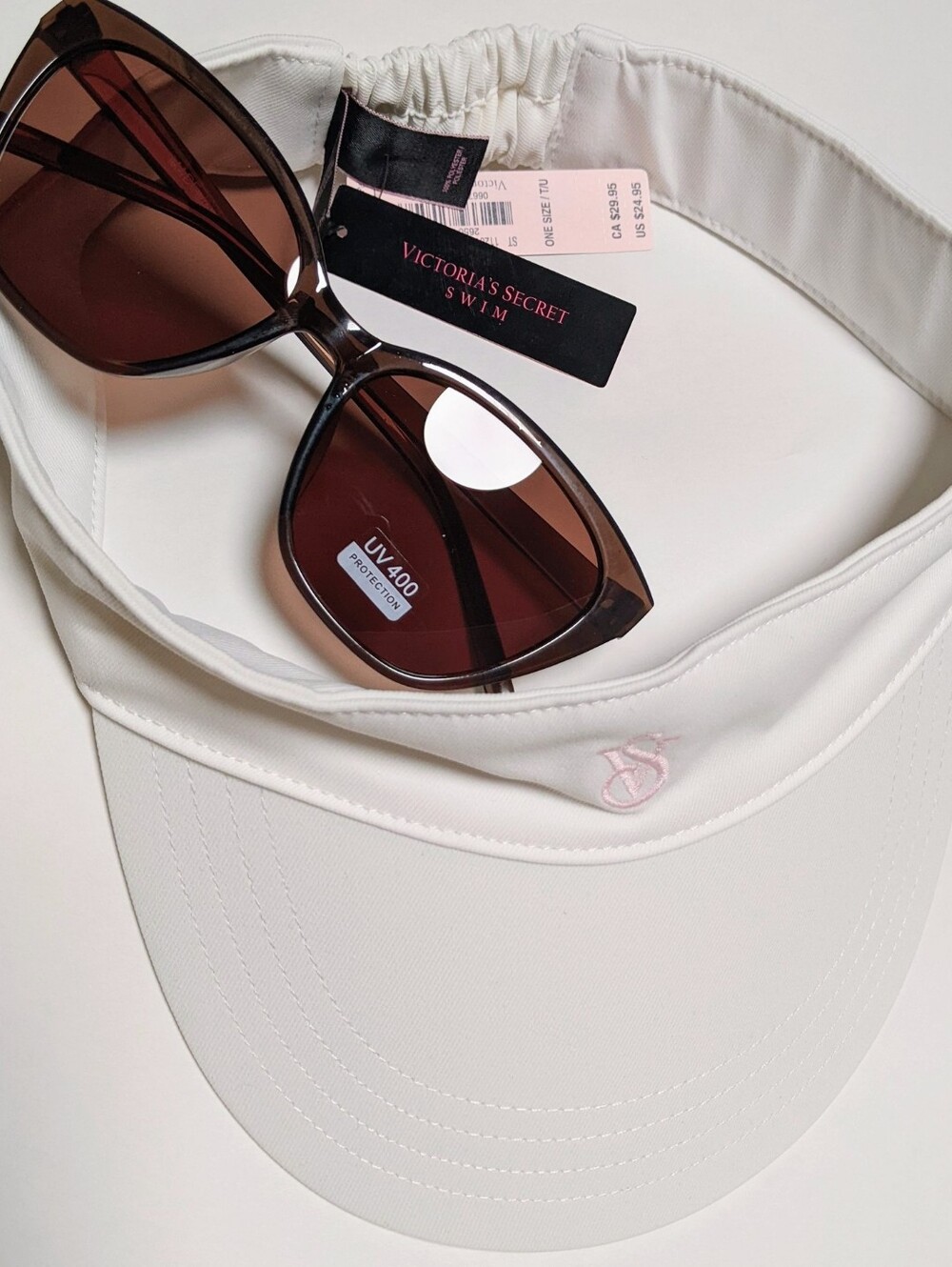 Nwt VS Swim OZ Visor White banded + Korean Sunglass No UV 99% brown + case tan - Picture 3 of 5